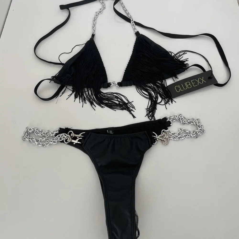 NEW Dolls Kill Club EXX S Black Bikini Chain Closure Fringe Rave Two Piece Set